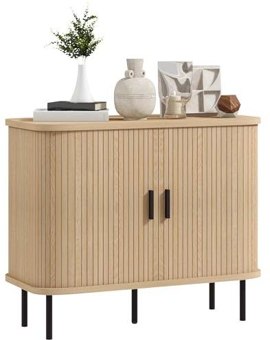 HOMCOM Aparador Vintage 2 Puertas Correderas Diseño Tambor 90x40x75cm Roble