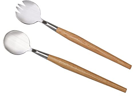 SHOWERORO Stainless Steel Salad Spoon Wooden Handle Multifunctional Serving Spoon for Salad Soup Porridge