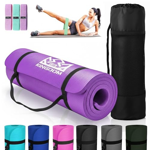 Kingdom Fitness Yoga Mat Exercise Extra Thick NBR Non-Slip Large Padded Pilates Gym Mats, Mens Womens Workout with Carry Bag, Strap & Resistance Band, Purple 20mm