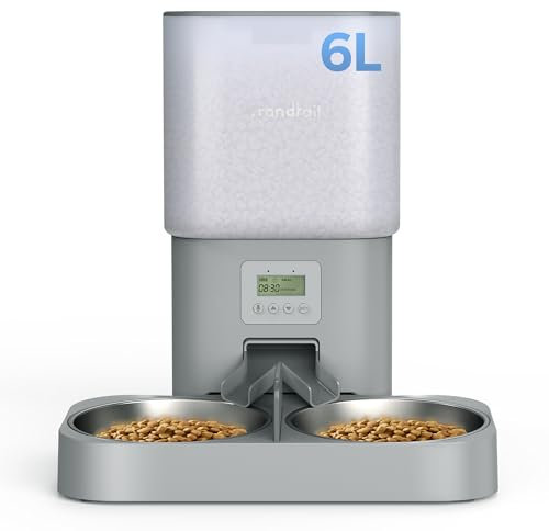 Grandtail 6.0 L Automatischer Futterautomat Katze 2 näpfe Gleichmäßig Verteilung Katzenfutter Automat Timer Katzen Futterspender mit Edelstahlschüssel Doppeltes Netzteil 10s Sprachaufzeichnung