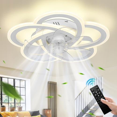 Modern Flush Mount Ceiling Fan with Light White | Low Profile Fan Light with Remote Control 6 Speeds 3 Light Colours for Kitchen Bedroom Livingroom