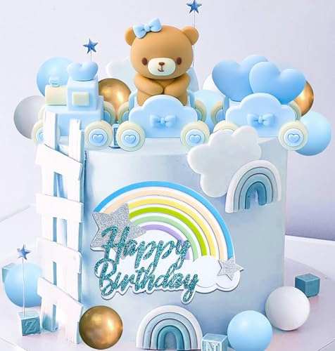 JeVenis adornos para tartas oso azul adornos para tartas osos en tren adornos para tartas con bolas azules y doradas adornos para tartas de babyshower y cumpleaños
