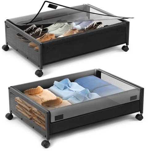 Warmiehomy Underbed Storage on Wheels 2 Pack Storage Boxes with Lid Metal Frame Under Bed Shoe Storage Visible Under The Bed,Storage for Clothes Shoes Toys Blankets