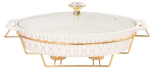jinsongdafa Plat ovale en porcelaine avec couvercle en verre et grille, terrine de 1600 ml pour soupe à servir, plat chauffant pour buffets, plat à gratin pour la conservation des aliments