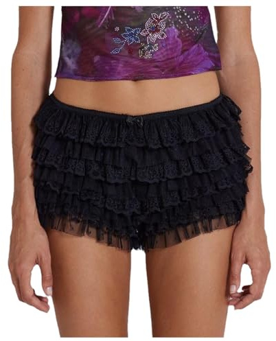 Damen Bloomer Shorts Y2k Spitze Kurze Hosen Mehrlagig Rüschen Elastische Niedrige Taille Hot Pants Mini Pettipants Teenager Mädchen Elegant Ruffl Lace Lolita Petticoat Party Spitzenshorts