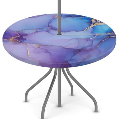 Woltant Nappe ronde avec trou de parasol et fermeture éclair facile à nettoyer avec bords élastiques - Protection de table d'extérieur pour jardin, terrasse, barbecue (marbre violet et bleu)