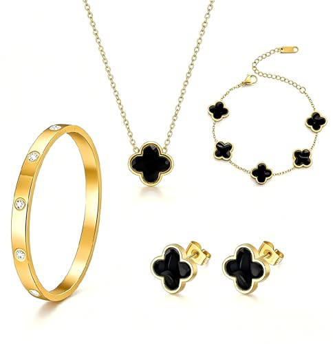 18K Vergoldet Vierblättriges Kleeblatt Armband,Karat Vergoldet Edelstahl Zweiseitig Anhänger Halskette Ohrstecker Armband Cubic Zirkonia Armreif,für Geschenke Valentinstag,Muttertag,Geburtstag