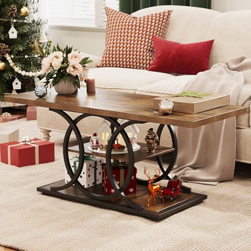 Tohomeor Rustic Coffee Table with Storage Industrial 3 Tier Center Living Room Table Farmhouse Wooden Rectangle Cocktail Tea Table for Office Bedroom Elegant Round Metal Frame (Rustic Brown)