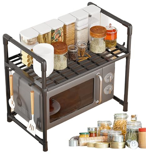 Hogvinnatil Étagère pour Micro-Ondes Cuisine - Support pour Four à Micro-Ondes avec Crochets - Range-Épices Élargi Double Étage Support Machine à Pain - Organisation Maison Garage Salle de Bain
