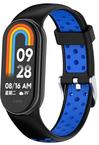 QJONSIU Klockarmband för Xiaomi Smart Band 10, Andningsbar Sportband i Silikon, Tvåfärgad Rem, Ersättningsrem för Xiaomi Smart Band 10-Svart/Blå