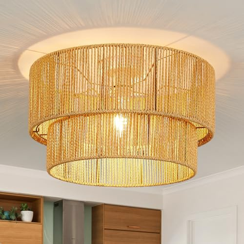 FORCOSO Deckenleuchte Rattan 45cm, 2 Lagen Boho Lampe Decke mit Natürlicher Rattan Lampenschirm, E27 Vintage Kronleuchter, Rustikal Braun Deckenlampe Für Wohnzimmer Schlafzimmer Esszimmer Küche Flur