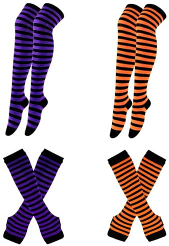 Antcher 2 Paar gestreifte Kniestrümpfe für Damen, Armstulpen, Beinstulpen, Set, fingerlose Handschuhe für den täglichen Gebrauch, Weihnachten, Halloween, Cosplay