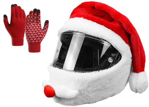 CJBIN Weihnachtsmütze Helm, Motorradhelm Überzug Weihnachtsmann,He-lm Überzug Motorad Weihnachtsmann mit Handschuhen,Weihnachts-Mann He-lm Abdeckung,Motorradh-elm Cover Weihnachten für Meisten H-elme