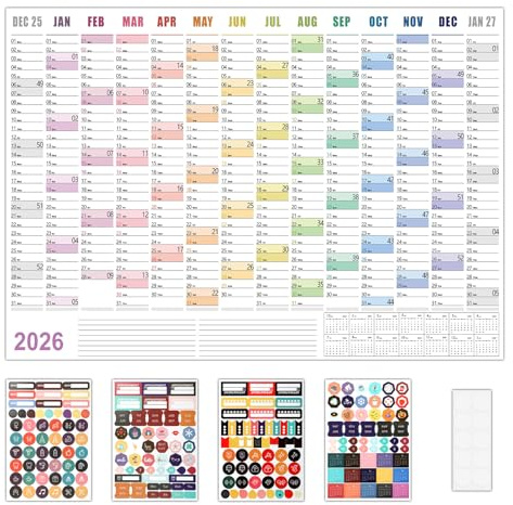 Schuljahresplaner 2025/2026/2027 A1 Wandkalender 2026 groß, Querformat Gefaltet Jahreskalender mit 14 Monaten Kalender 2025 2026 Wandkalender Bunter Semesterplaner Gratis Dekorative Aufkleber