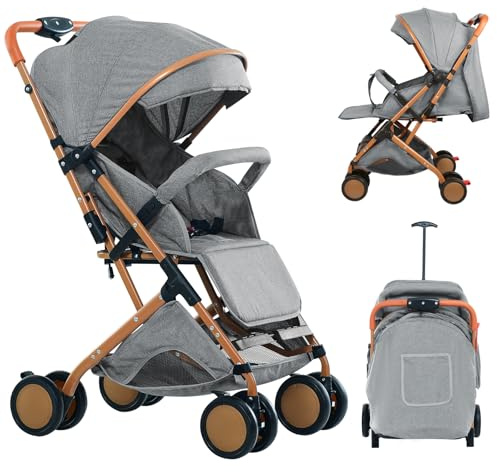 homewell Babybarnvagn, vikbar, buggy barnvagn, 0–6 år, platt liggposition, liten hopfällbar med en hand, med säkerhetsbälte och soltak (grå)