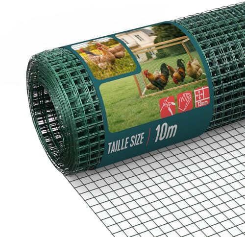 VOUNOT® PVC Coated Welded Wire Mesh Roll 0.5 x 10m, 13mm Mesh, 0.8mm Wire Thickness, Metal Garden Fencing for Small Animals, Poultry, Chicken Coop, Green