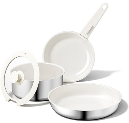 naturepan 5 PCS Ceramic Cookware Set, Stainless Steel Exterior Pots and Pans Set Non Stick, 10x More Durable Super Ceramic Coating, for Induction Hob Pan Set (Beige White)