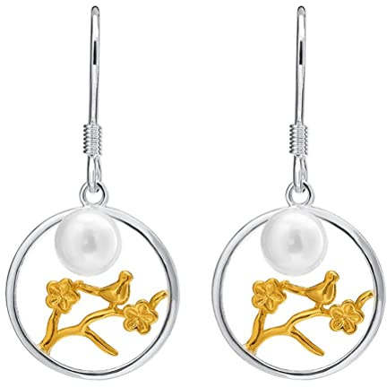 Boucles d'oreilles en argent S925 avec perles d'eau douce et fleur d'oiseau, boucles d'oreilles ethniques en forme de prune de personnalité féminine (nom de couleur: boucles