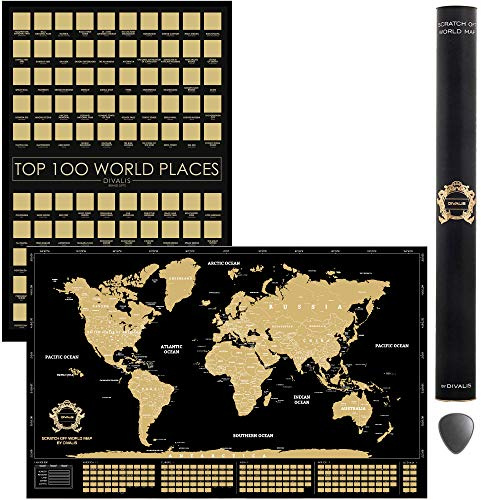 2-in-1-Geschenkset – Rubbel Weltkarte & Poster 100 Orte – Weltkarte Reisen Markieren – 100 Orte Plätze besuchen – Zubehör inklusive