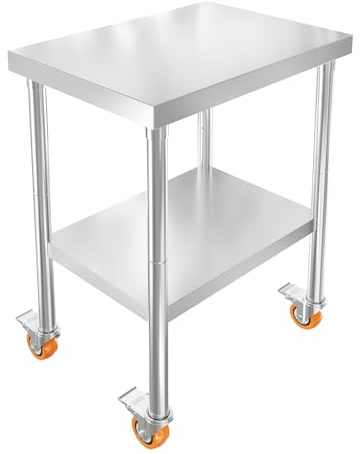 YUENFONG rostfritt stål arbetsbord 61 x 60 x 85 cm mobilt köksbord serveringsvagn catering-arbetsplats med hjul och förvaringsskikt för kök, restaurang, hotell, utomhusaktiviteter, silver