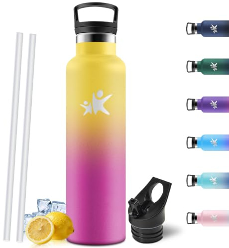 Motswedi Gourde Isotherme 1l, Poignée de Transport, Bouteille Isotherme, avec paille, Gourde Inox, Thermos, Acier Inoxydable, Bouteille d'eau pour Sport, Voyage, Randonnée, Camping, Jaune/Rouge Rose