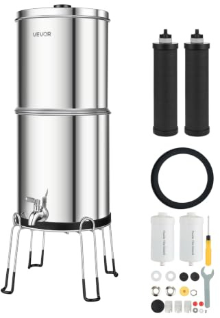 VEVOR Système de Filtration d'Eau par Gravité 8,52 L avec 4 Filtres à Eau, Pour Camping, Fontaine Filtrante Inox Réduction du Plomb et Jusqu'à 99% du Chlore, Cartouches au Charbon Actif et Anti-fluor