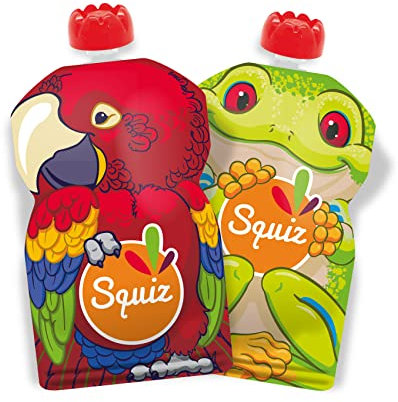 Set mit 2 wiederverwendbaren 130-ml-Quetschbeuteln | Amazonie-Kollektion | Für Babys, Kinder und Erwachsene | Für Kompott, Püree und Smoothies | Hergestellt in der Schweiz und Frankreich | Squiz
