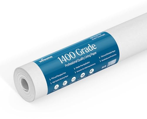 WINSOME Lining Paper for Walls 1400 Grade Thick 10m x 53cm Wallpaper for New & Damaged Ceiling & Walls for Paint Easy to Install & Remove Heavy Duty Paintable Plain White Lining Paper | 10M Roll