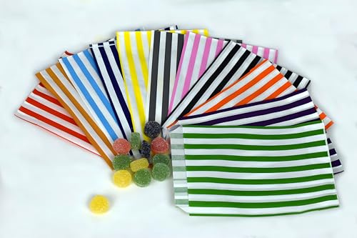 100 randiga papperspåsar för godis buffé bröllop tårta presentbutik (12,7 x 17,8 cm) (sorterad, mängd: 100 påsar)