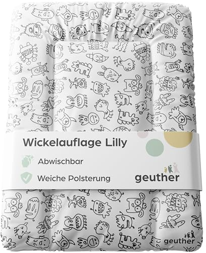 Geuther Wickelauflage abwaschbar 52 x 72cm | Wickelunterlage Lilly für Wickelregal Clarissa & andere | Erhöhter Rand & Kopfschutz für hohe Sicherheit | Wickeltischauflage | Design Monster