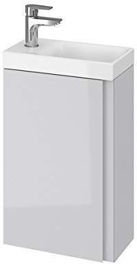 VBChome Das Moduo-Set Slim Grau 40 cm Waschplatz Badmöbel Hochglanz Oberfläche Kleines Gästebad Bestehend aus Waschplatz und Waschbecken Schmale Badezimmermöbel für Gäste WC