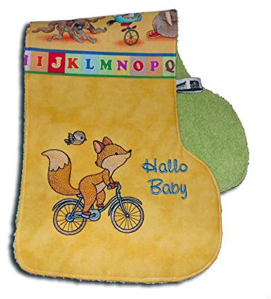 Spucktuch extra lang gestickter Fuchs auf dem Fahrrad Schulterlatz fürs Baby bestickt mit Namen