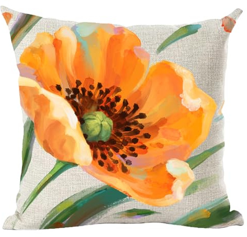 Ramirar Ink Oil Painting Watercolor Yellow Orange Poppy Flower Summer Decorative Throw Pillow Cover Case Home Living Room Bed Sofa Car Cotton Linen Square 18 x 18 Inches