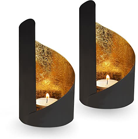 Gadgy Teelichthalter Schwarz Gold - Windlicht Esstisch Deko 2er Set - Teelichthalter Metall Wohnzimmer Modern - Windlicht Metall Deko schwarz - Tischdeko Windlichter schwarz - Wohndeko Set