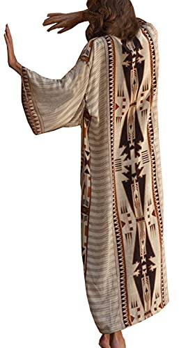 YouKD Bohemisk kimono långärmad kofta strand baddräkt täcka upp maxiklänning för kvinnor, C beige, one size