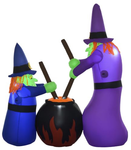 HOMCOM Addobbo Halloween Gonfiabile con Streghe e Calderone, 3 Luci LED Interne e Gonfiatore Integrato, 170x60x180cm
