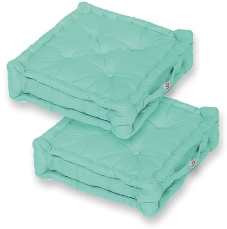 Déco Arts Coussins de Sol - Lot de 2 Coussins Carrés pour Salon ou Jardin - Coussin Capitonné avec Traitement Déperlant et Poignée de Transport - Certifié Oeko-TEX - 50x50 x 15 cm, Vert Mint