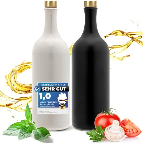 Ludwig- Feuerfest Feinschmecker Essig & Öl – Flaschen mit Ausgießer, Handgefertigtes Geschenkeset Made in Germany. Einzigartig, zeitlos und chic. Ausgießer in Deluxe- Gold (2x 750ml weiß/schwarz)