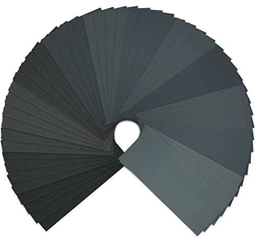 Lamondre Schleifpapier Set 52 Stück,Körnungen 120 to 2000,Nass und Trocken für Schleifen und Polieren von Holz,Metall,Automobil,Glas,9 x 3,6 Zoll