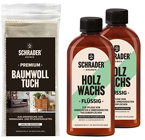 SCHRADER Holz Wachs Set - flüssiges Wachs für Holzmöbel und Holzoberflächen mit Poliertuch - 3-teilig - Made in Germany