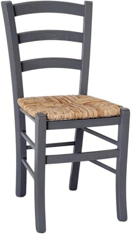 OKAFFAREFATTO MADDALONI Stuhl aus venedischem Holz, Anilingrau, mit Sitz aus Reisstroh
