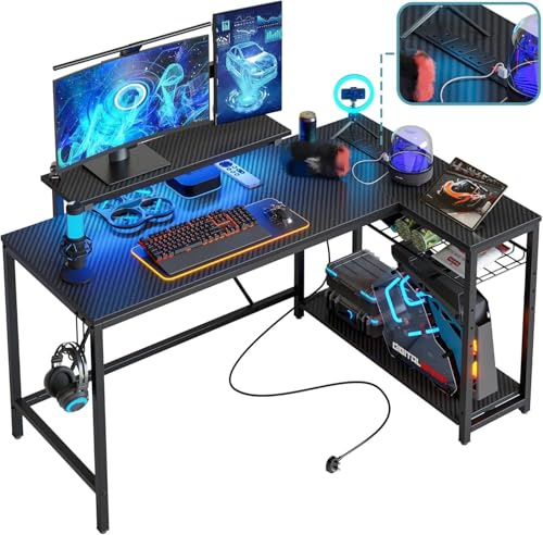 Bestier 132.5CM L-Shaped Workstation with Carbon Fibre Surface, 3 Power Outlets & 2 USB Ports, LED Strip Lights – Reversible Corner Unit with Shelves & Hooks for Home Office & Gaming