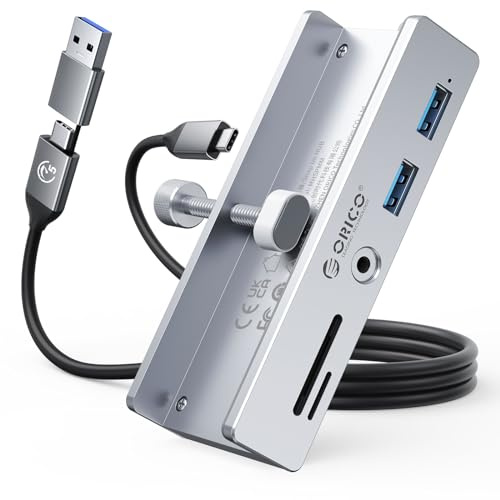 ORICO USB Hub 3.0 Mit SD/TF Kartenleser - 5 in 1 Verteiler Mit 2 USB-A Ports, 3.5 mm Audio, 5Gbps - Clip-Typ Splitter Mit Stromversorgungsanschluss Für Monitore, Desktop