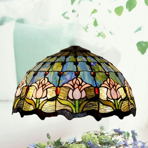 BOTOWI 16-Zoll-Lampenschirme aus Buntglas, Lampenschirm mit Tiffany-Tulpenmuster, Lampenschirm mit rosa Blumen Ersatz nur mit Kappe Passend für Tischlampe Pendelleuchte Stehlampe Deckenleuchte