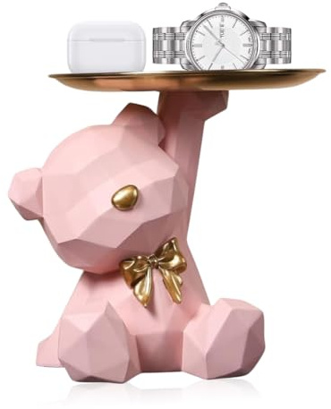 Bären Tablett Deko mit Tablett für Büro, Schreibtischdekoration (Rosa) | Bär Skulptur, Harz Tier Skulptur Deko, Schlüssel Schale Schmuck Aufbewahrungsbox für Wohnzimmer, Eingangsbereich