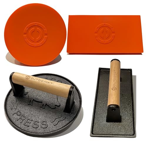OUTDO.MXT Cast Iron 7 & 8.5 X 4.3 Smash Burger Press, Heavy Duty Burger Smasher with Wooden Handle and Silicone Protective Cover for Griddle,Grill Press for Hamburger, Bacon, Barbecue Grilling Tool
