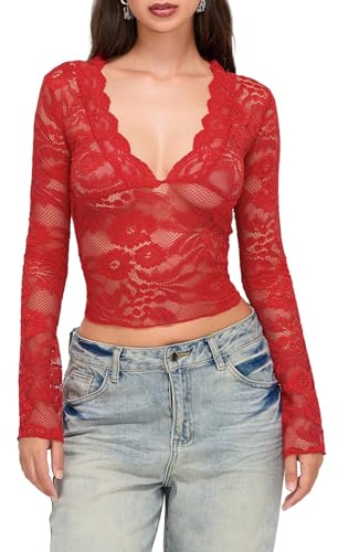 Loalirando Crop Top avec Manches Longues Chemise avec Col V Transparent Femme Top en Dentelle Florale T-Shirt Sexy Chemise Ajustée Soirée Top Élégant T-Shirt Tenue de Soirée Fine Décontractée, rouge