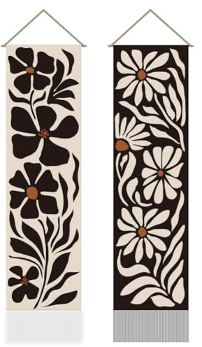 AHANDMAKER 2Pcs Abstract Flowers Tapestry, Abstract Daisy Long Vertical Wall Hanging, Simple Flower Tassel Wall Tapestry Mystic Aesthetic Tapestries for Bedroom and Living Room(45.7x13 Inch)