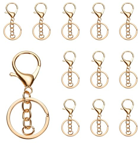 QUARKZMAN 12 Stück Schlüsselanhänger 12mm, Schlüsselring mit Flachem Karabiner und Kette für DIY Bastel, Glückswürmchen, Sorgenwürmchen, Makramee (Gold)