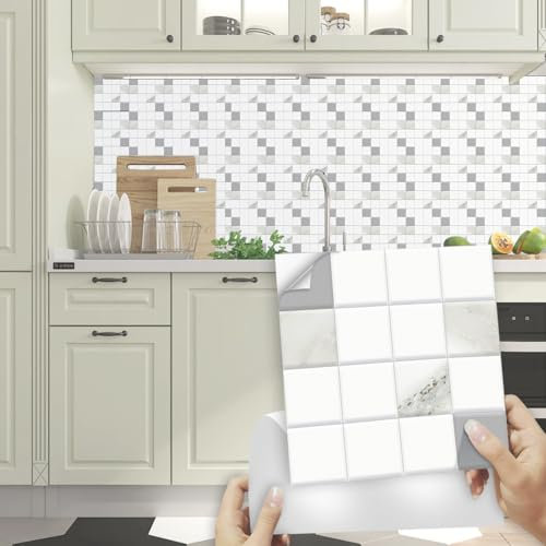 Fliesenaufkleber Weißes Mosaik Selbstklebende Klebefliesen, Wandfliesen Aufkleber,Wasserdicht Fliesensticker Fur Kuche Badezimmer Dekorative Stickerfliesen,Wohnzimmer Dekoration20X20Cm